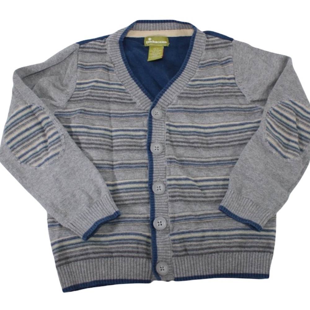 PANDEMINIUM Grey Blue Striped Cardigan Sweater Back Graphic Elbow Patches